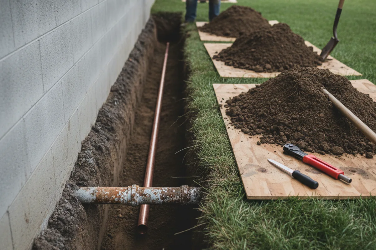 Excavated water line trench during Water Softener Installation in Baldwin